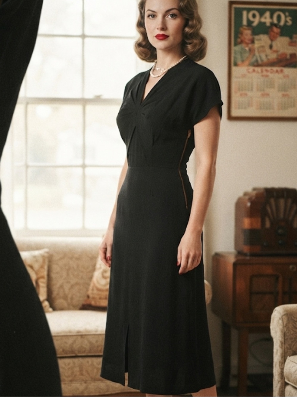Vintage 1940s Classic Black Dress | Authentic 40s Minimalist Midi Dress